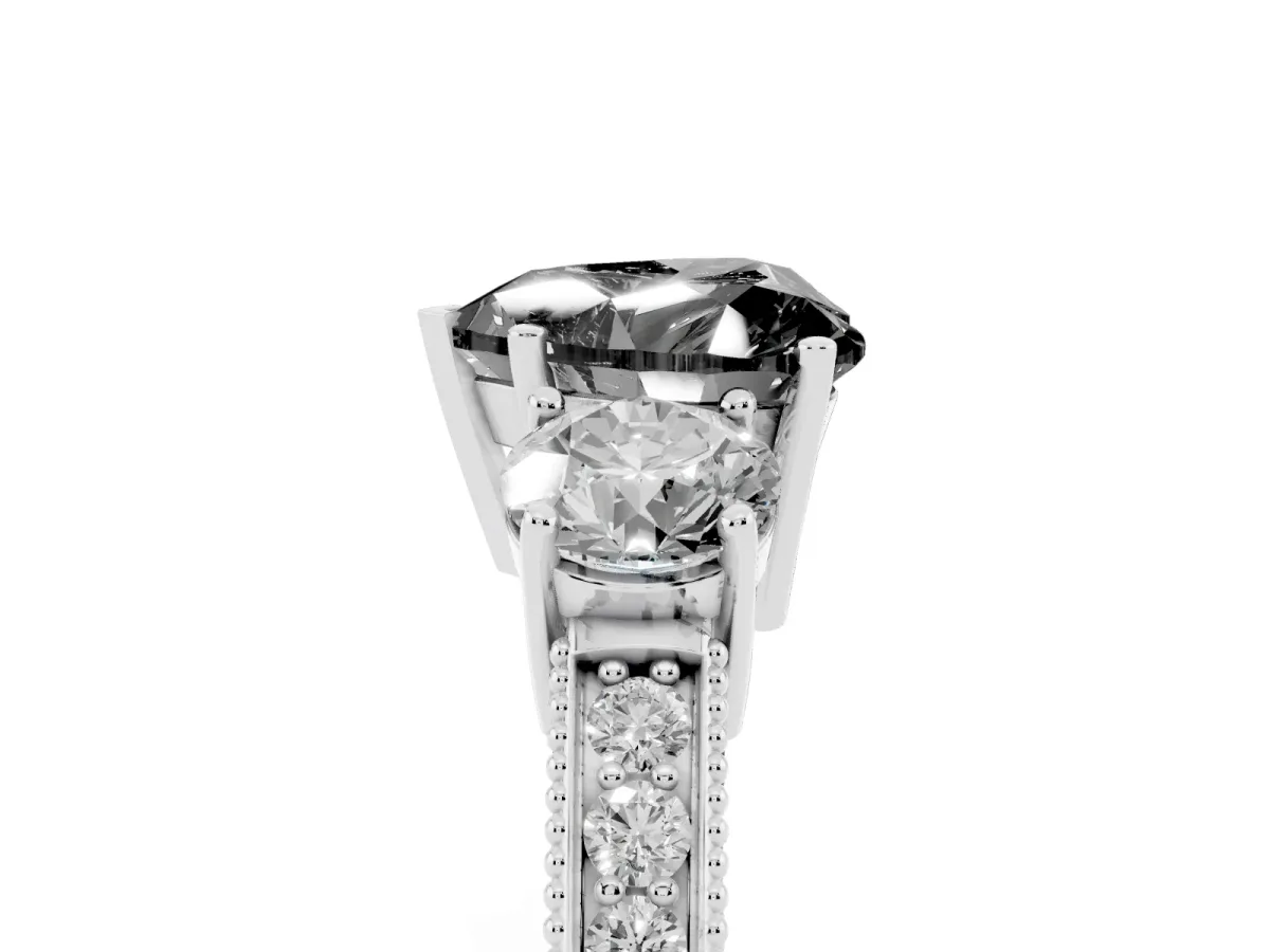 Fancy Black Heart Cut Three-Stone Diamond Ring with Pavé Band and Four-Prong Setting Silver