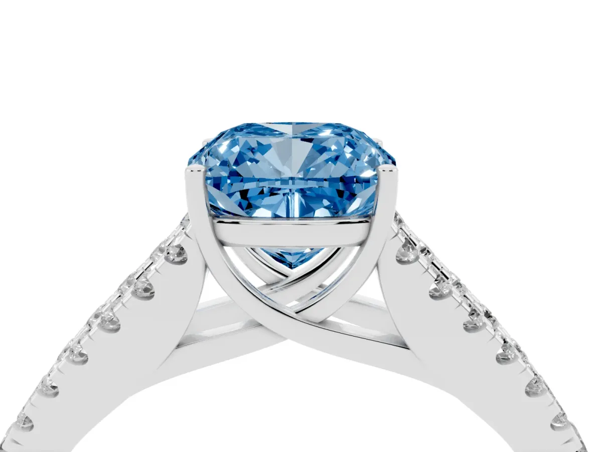 Fancy Blue Cushion Cut Diamond Split Shank Pavé Engagement Ring with Four-Prong Setting Platinum