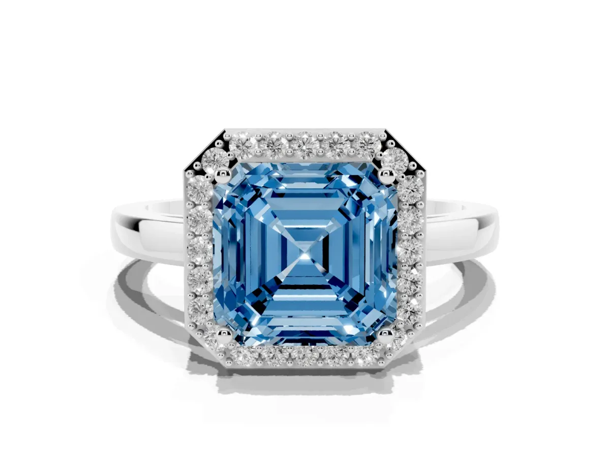 Fancy Blue Asscher Cut Halo Diamond Ring with Solitaire Band and Prong Setting Silver