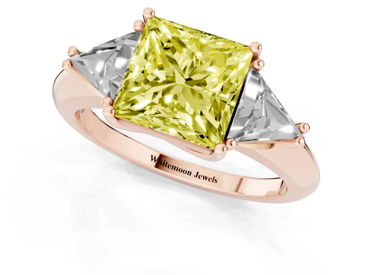 Fancy Yellow Three-Stone Princess Cut Diamond Engagement Ring with Trillion Side Stones and Prong Setting Rose gold