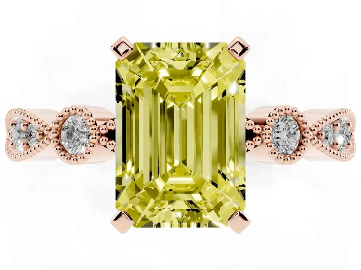 Fancy Yellow Emerald Cut Milgrain Bezel Diamond Engagement Ring with Solitaire Prong Setting Rose gold