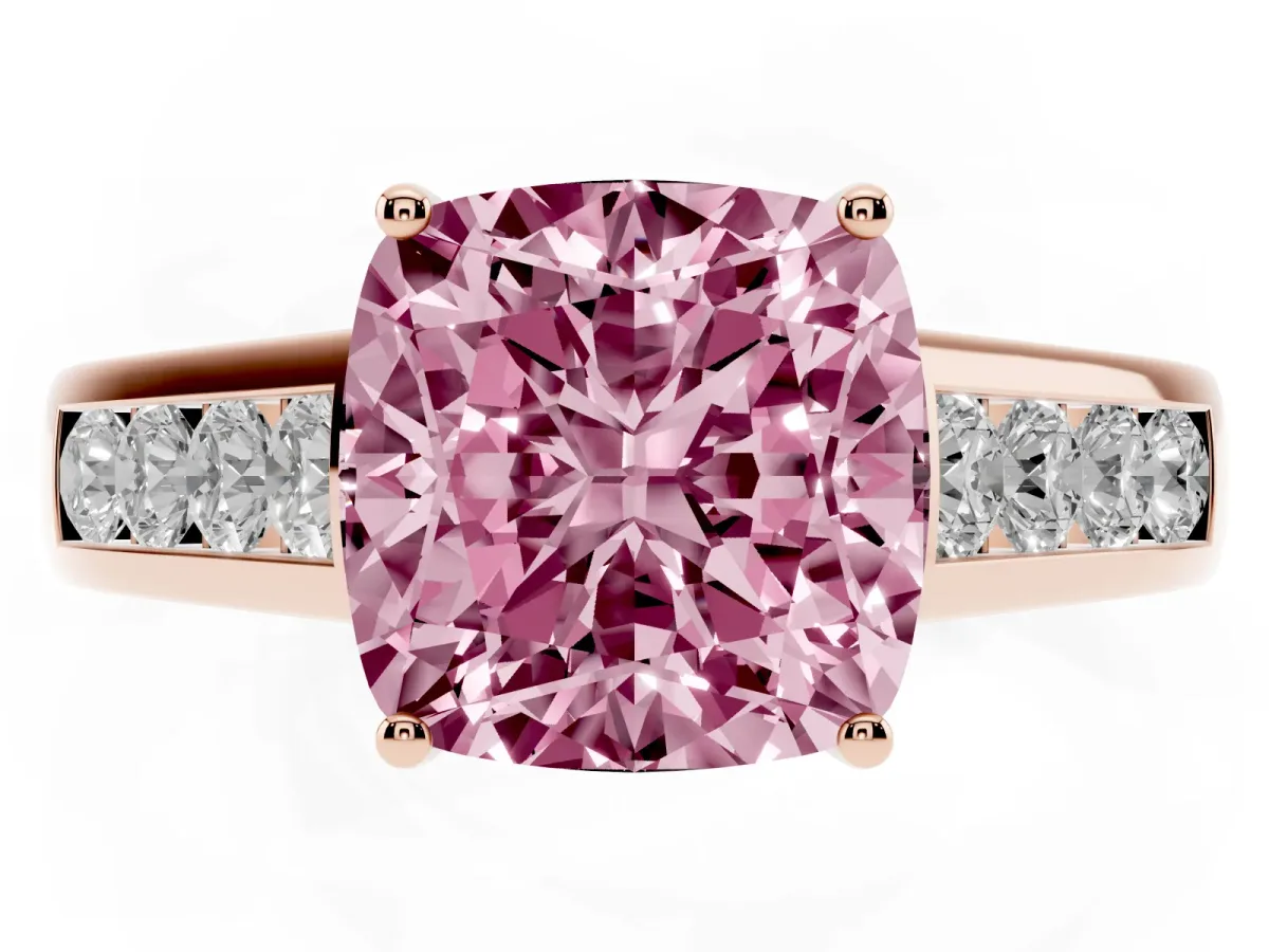 Fancy Pink Cushion Cut Solitaire Channel-Set Diamond Engagement Ring with Four-Prong Setting Rose gold