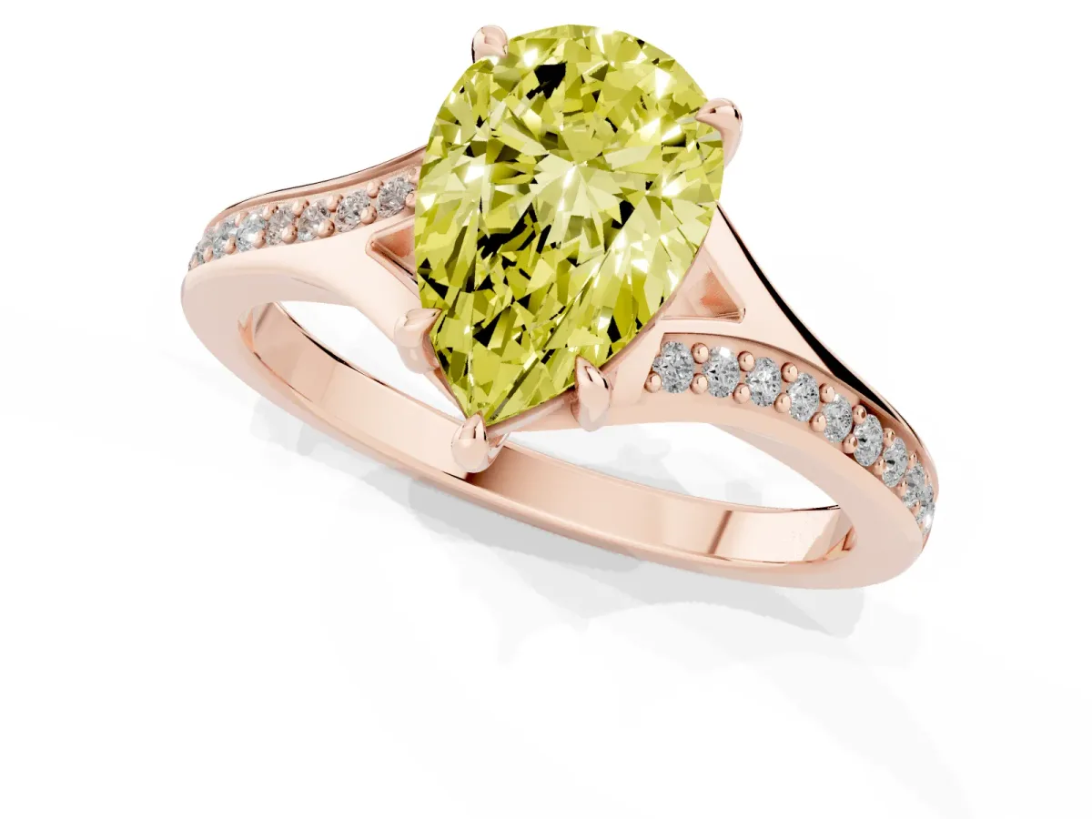 Fancy Yellow Pear Cut Diamond Solitaire Ring with Pavé Band and Prong Setting Rose gold