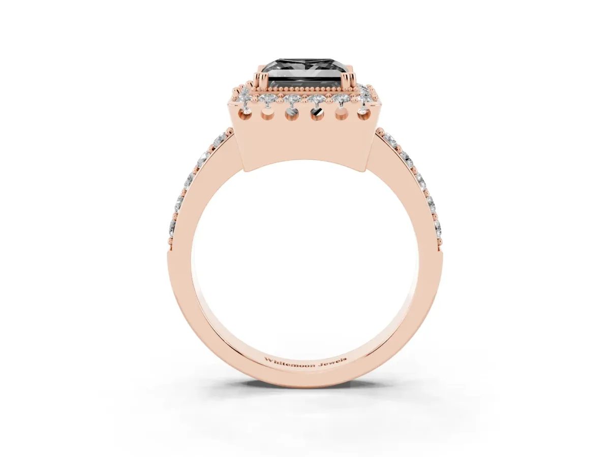 Fancy Black Princess Cut Diamond Halo Ring with Pavé Band and Prong Setting Rose gold