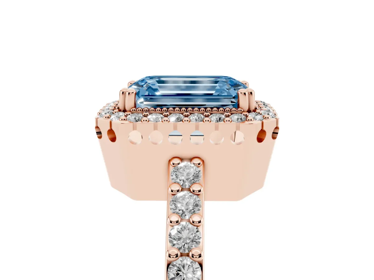 Fancy Blue Emerald Cut Cut Diamond Halo Engagement Ring with Milgrain Detail and Pavé Band Rose gold