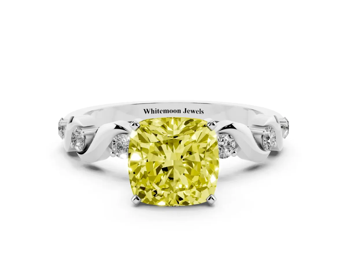 Fancy Yellow Cushion Cut Diamond Solitaire Twisted Band with Round Accents and Prong Setting White gold