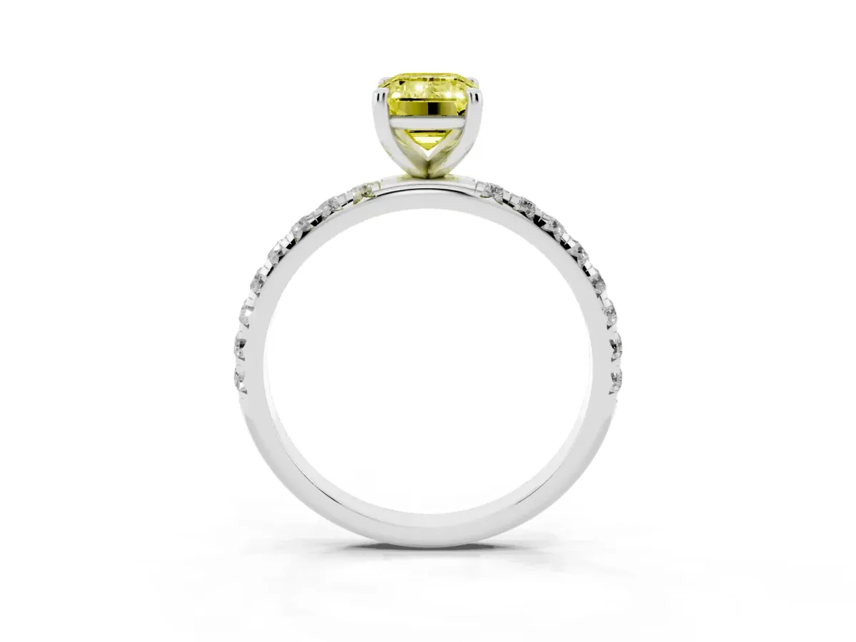 Fancy Yellow Emerald Cut Cut Diamond Solitaire Ring with Micro Pave Band and Four Prong Setting Silver