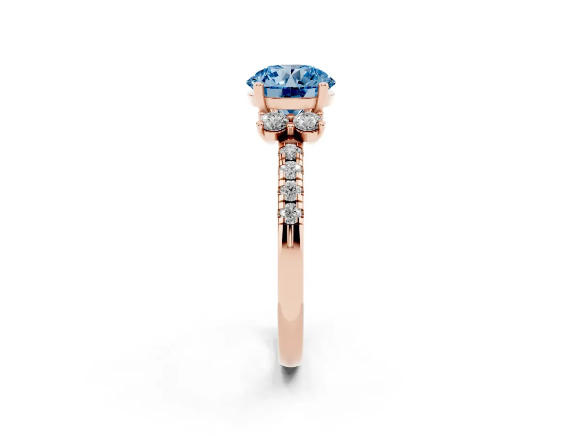 Fancy Blue Round Cut Diamond Three-Stone Pave Band with Four-Prong Setting Rose gold