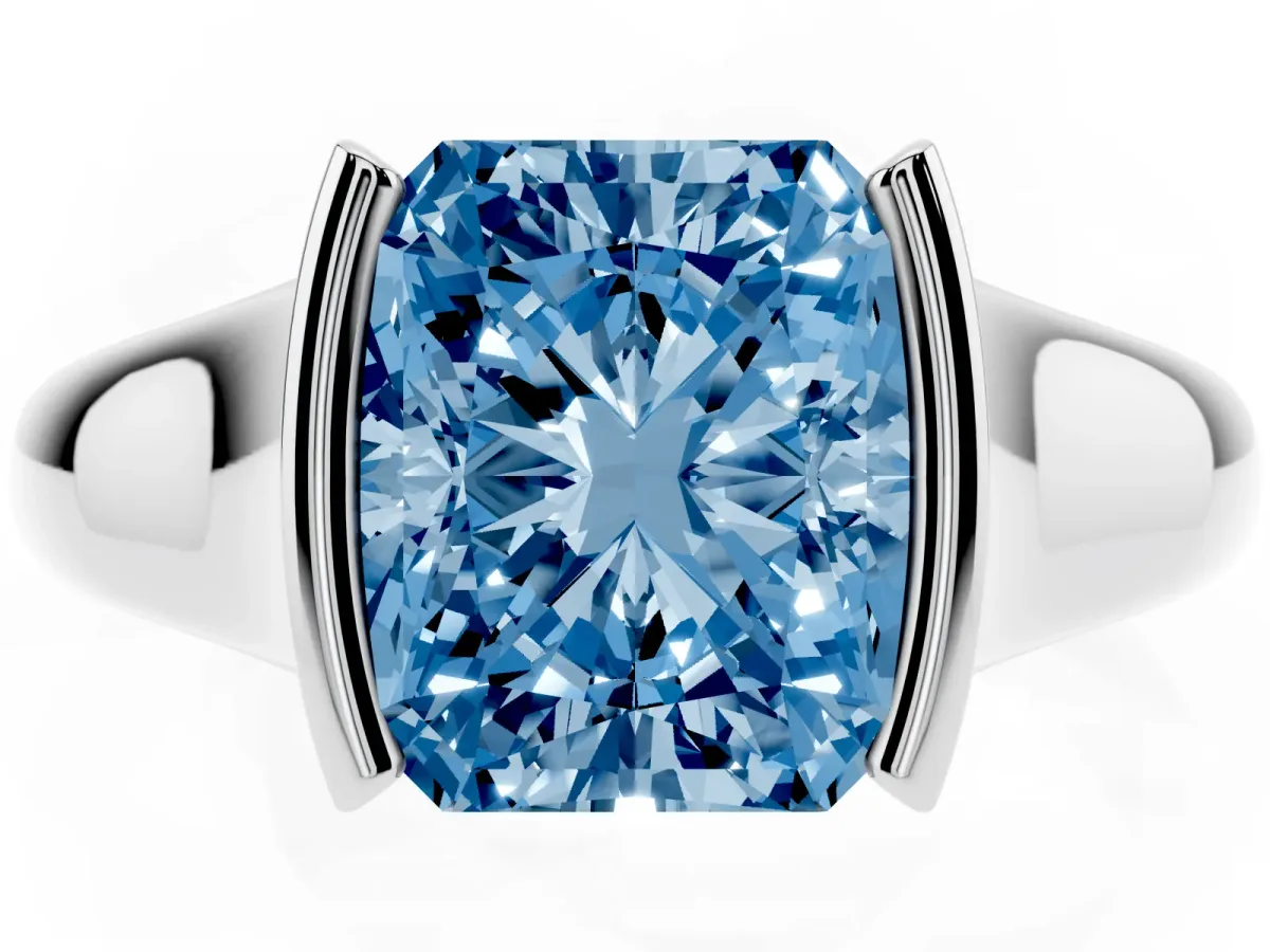 Fancy Blue Radiant Cut Solitaire Tension Set Diamond Ring with Split Shank Band Platinum
