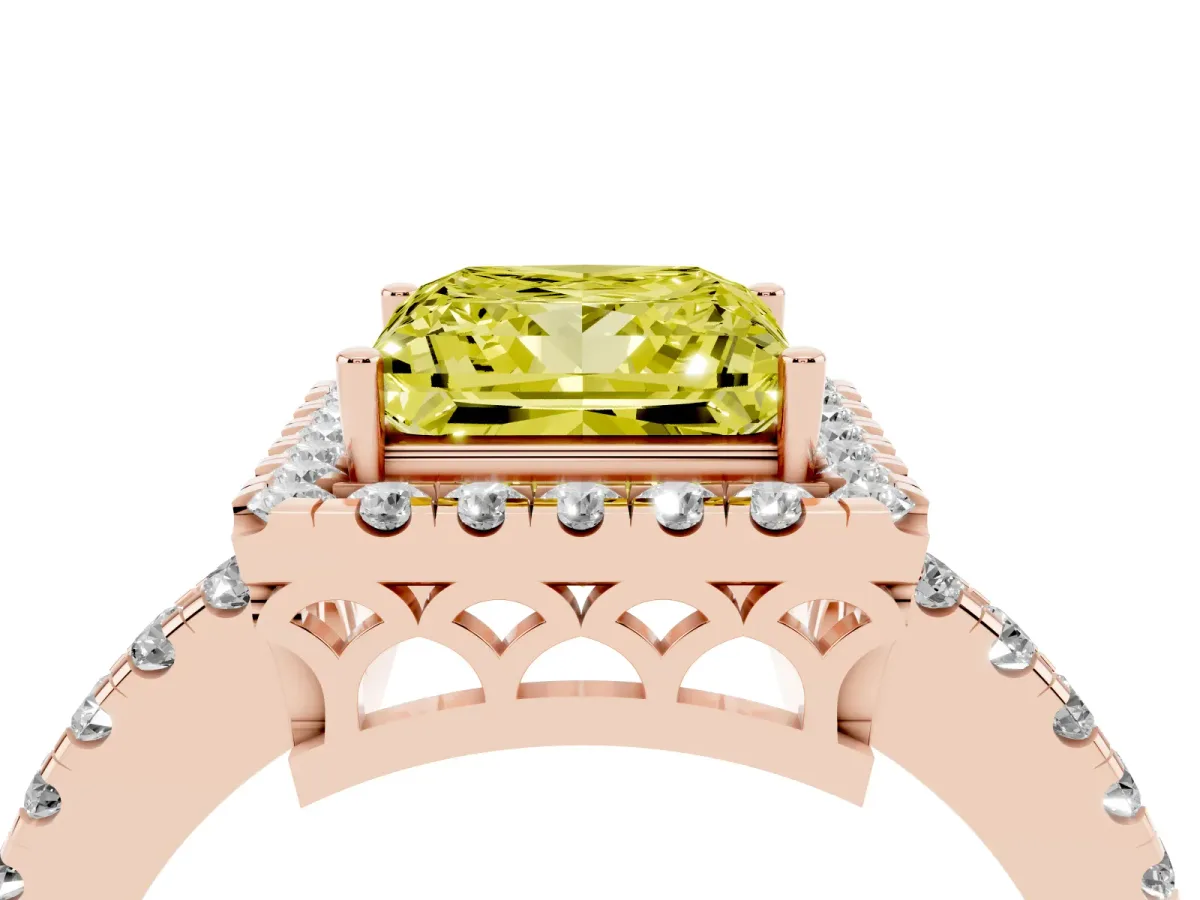 Fancy Yellow Princess Cut Halo Diamond Engagement Ring with Pavé Band and Four-Prong Setting Rose gold
