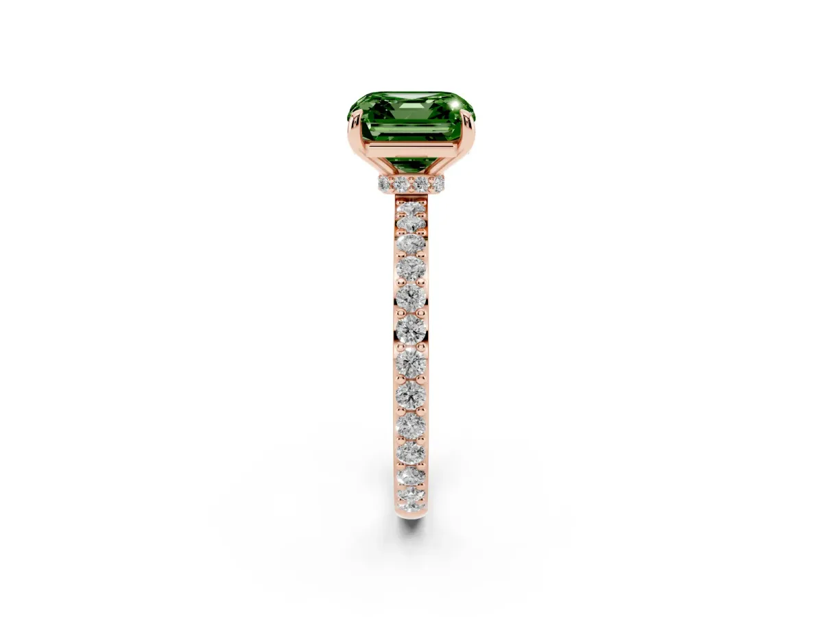 Fancy Green Asscher Cut Diamond Pavé Engagement Ring with Round Accents and Prong Setting Rose gold