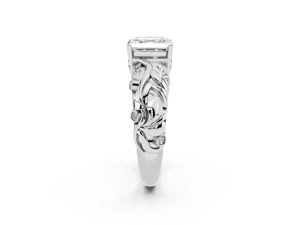 Asscher Cut Solitaire Diamond Leaf-Inspired Vine Band Ring with Prong Setting Silver