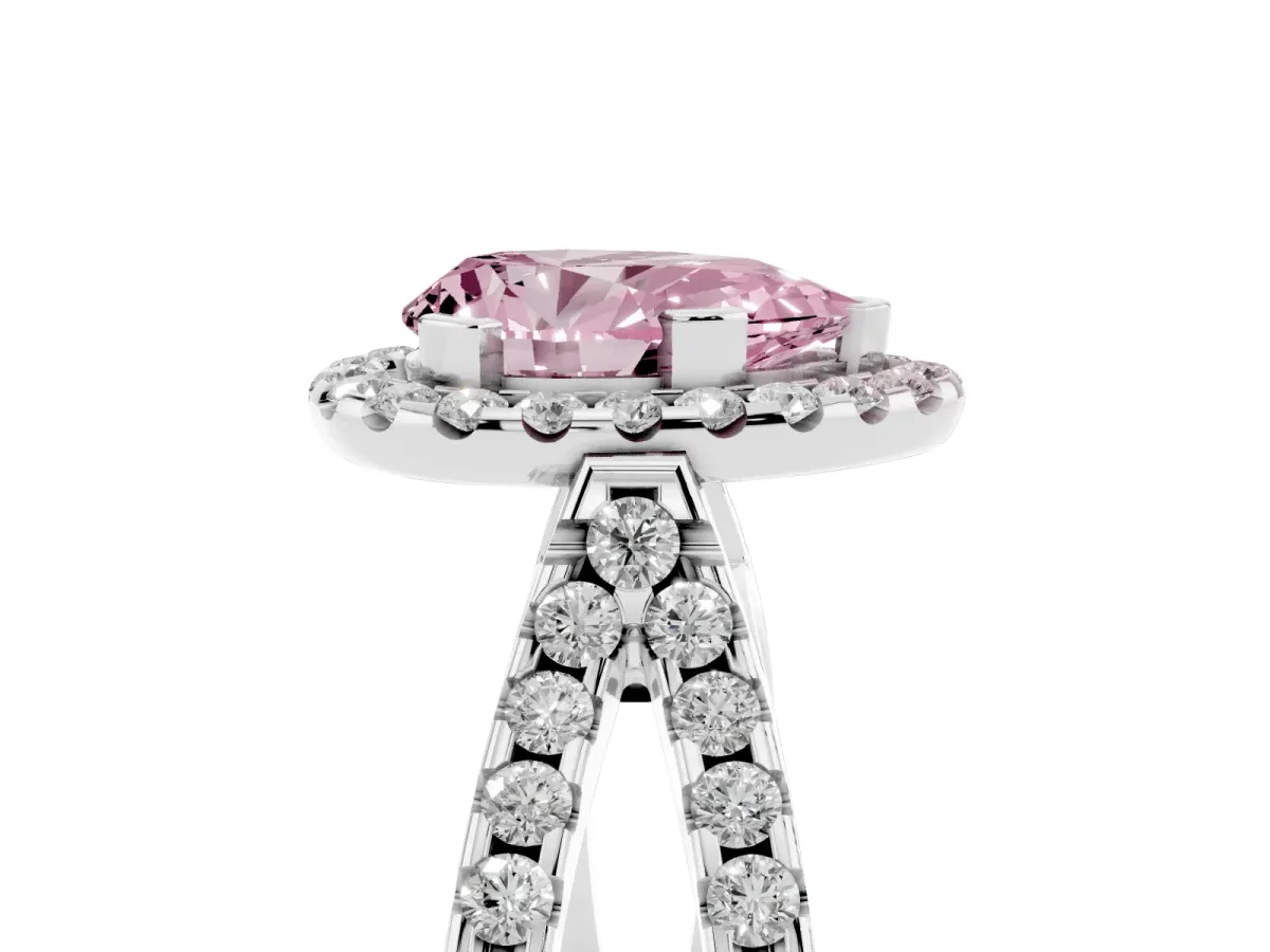 Fancy Pink Pear Cut Diamond Halo Ring with Split Shank Pavé Band and Prong Setting Silver