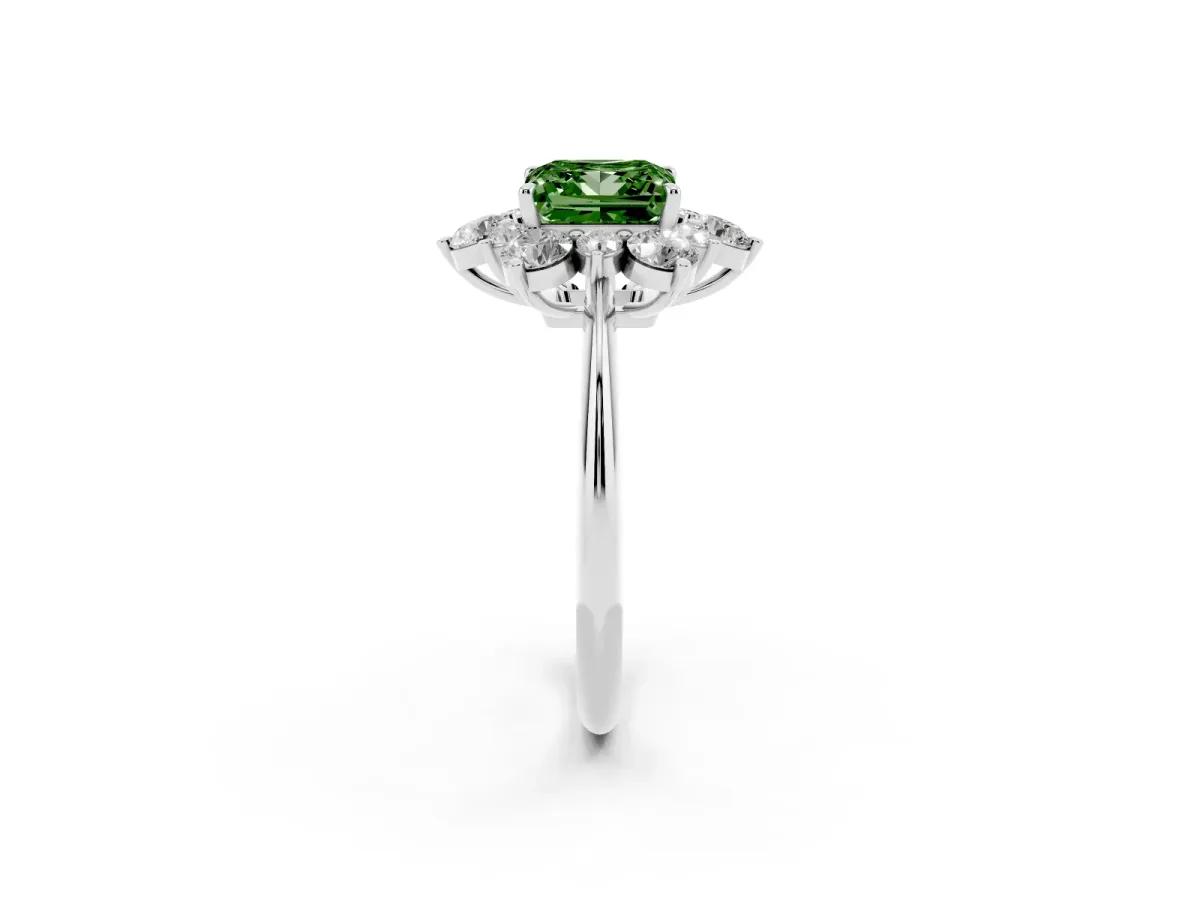 Fancy Green Princess Cut Diamond Cluster Halo Ring with Solitaire Band and Four-Prong Setting Platinum