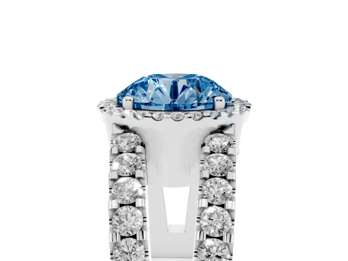 Fancy Blue Round Cut Cut Halo Split Shank Diamond Ring with Four-Prong Setting Platinum