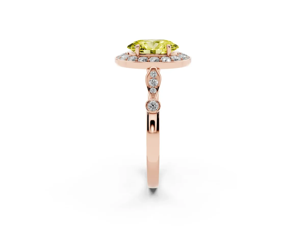 Fancy Yellow Oval Cut Halo Diamond Engagement Ring with Twisted Band and Four-Prong Setting Rose gold
