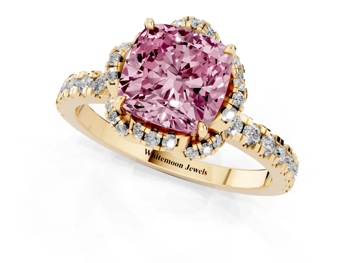 Fancy Pink Cushion Cut Diamond Halo Pave Band with Four-Prong Setting Yellow gold