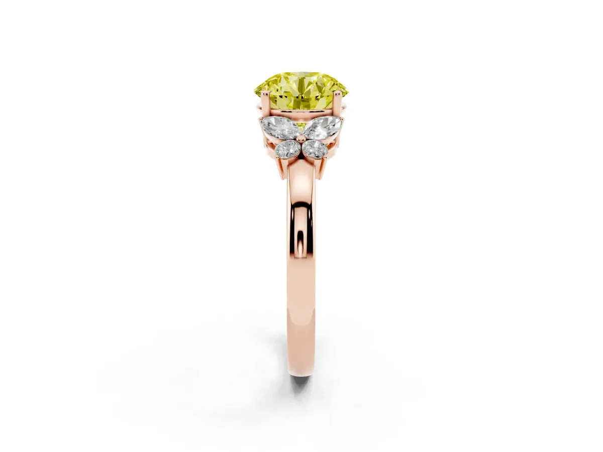 Fancy Yellow Round Cut Cut Solitaire Floral Diamond Ring with Four-Prong Setting Rose gold