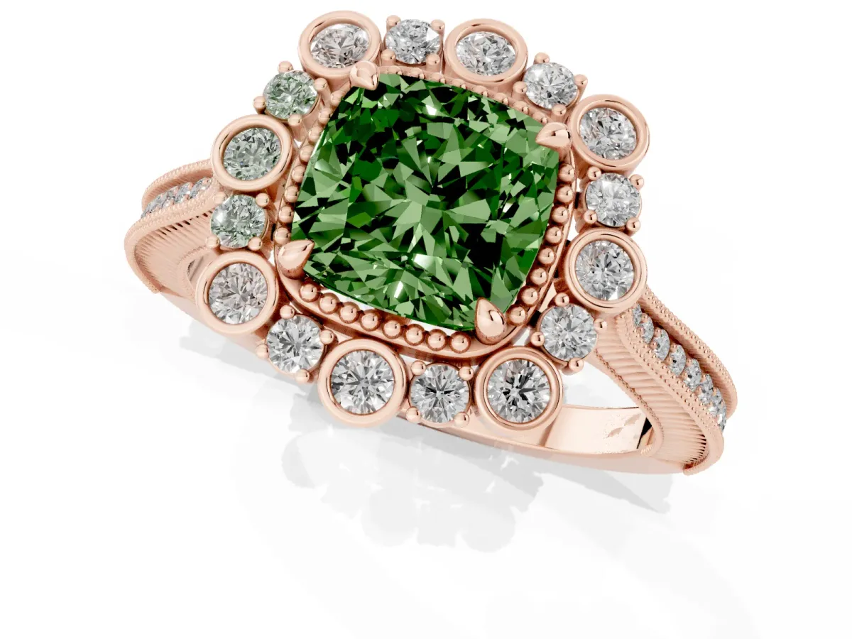 Fancy Green Cushion Cut Halo Milgrain Pave Diamond Ring with Four-Prong Setting Rose gold