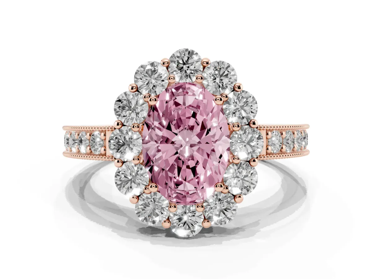Fancy Pink Oval Cut Cut Halo Diamond Pavé Engagement Ring with Milgrain Detailing Rose gold