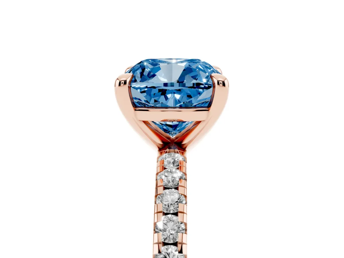Fancy Blue Cushion Cut Diamond Brilliant Solitaire Ring with Pavé Band and Four-Prong Setting Rose gold