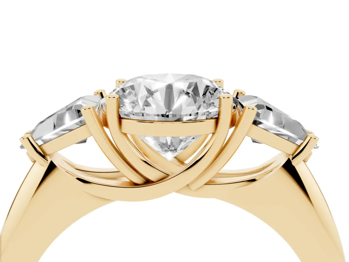 Three-Stone Round Cut Diamond Engagement Ring with Trillion Side Stones and Prong Setting Yellow gold