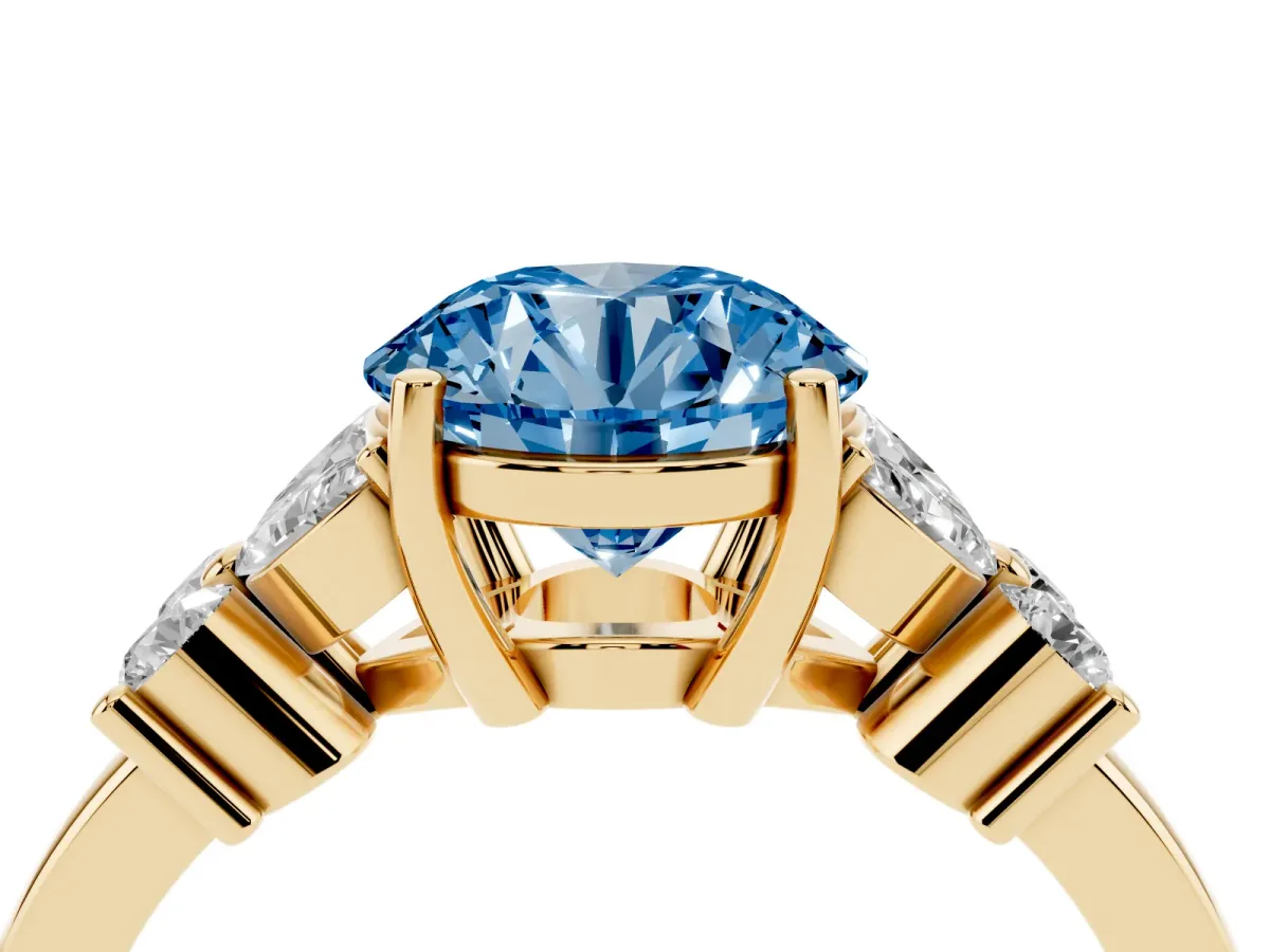 Fancy Blue Round Cut Diamond Floral Cluster Ring with Solitaire Band and Prong Setting Yellow gold