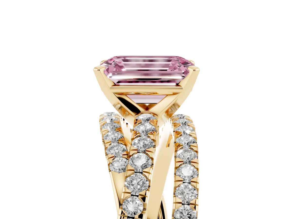 Fancy Pink Emerald Cut Solitaire Twist Band with Pavé Setting and Four-Prong Setting Yellow gold