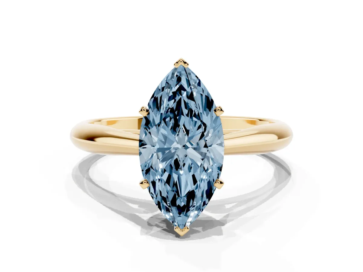 Fancy Blue Marquise Cut Diamond Solitaire Engagement Ring with Cathedral Setting and Four-Prong Mount Yellow gold