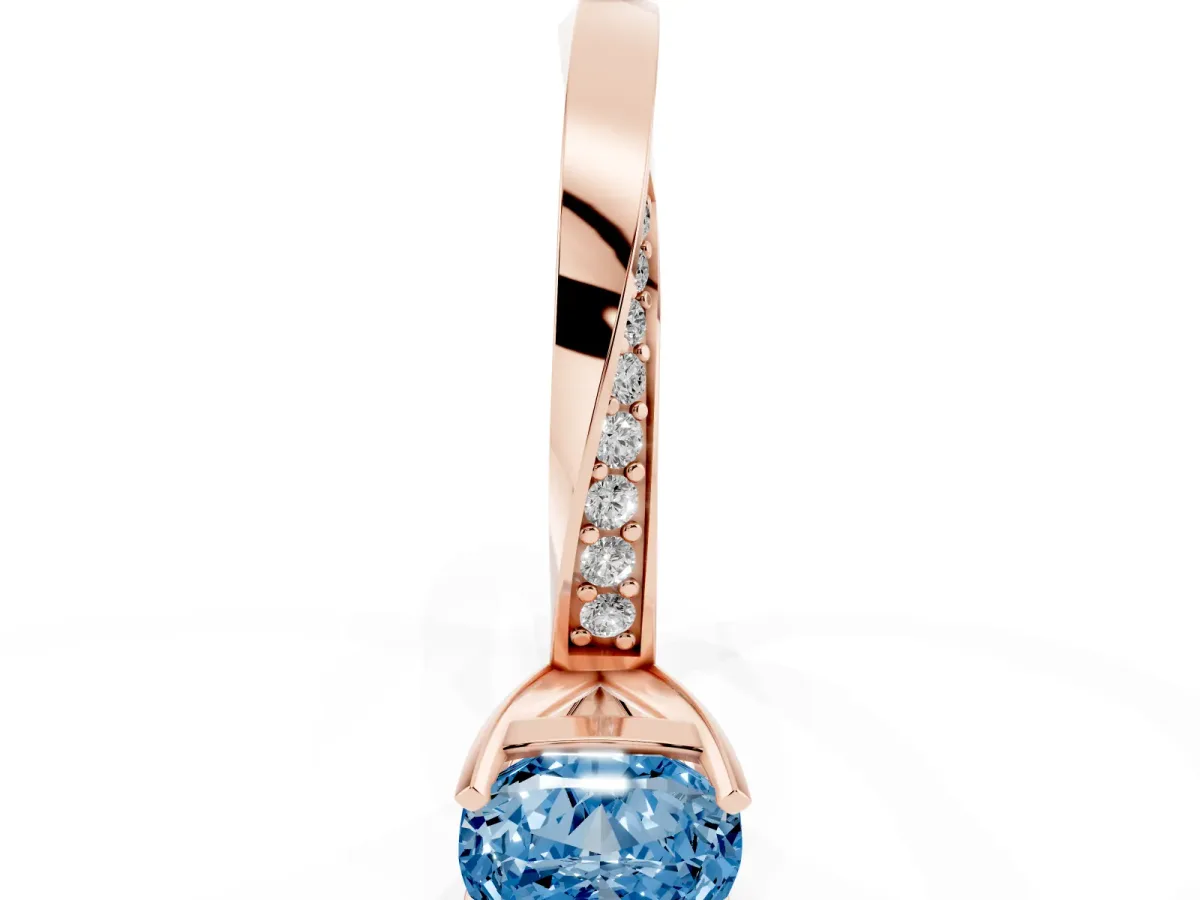 Fancy Blue Cushion Cut Diamond Engagement Ring with Side Stone Accents and Four-Prong Setting Rose gold