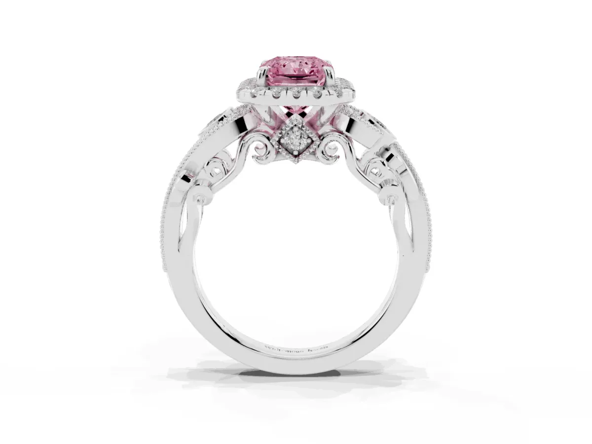 Fancy Pink Radiant Cut Halo Diamond Ring with Milgrain and Bezel Accents on a Split Shank Band Platinum