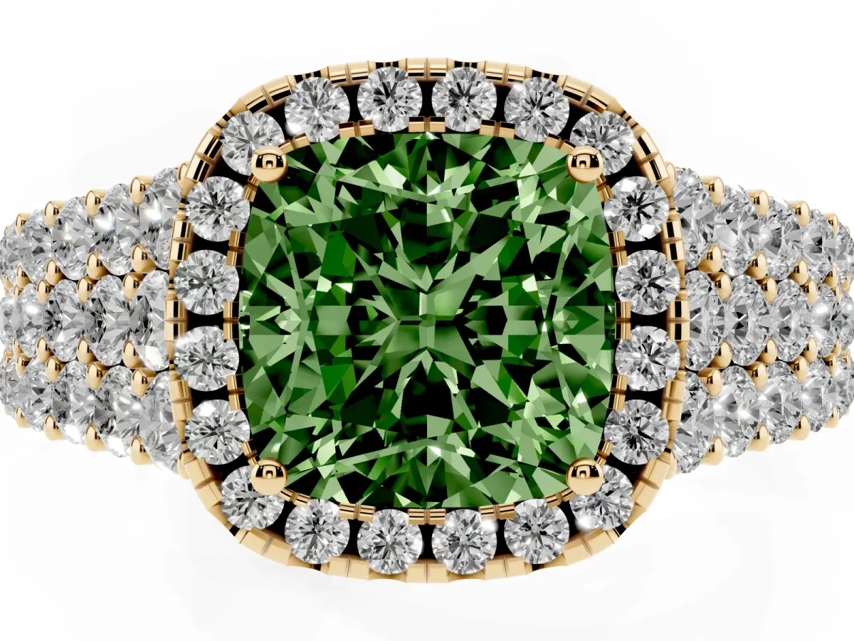 Fancy Green Cushion Cut Diamond Halo Engagement Ring with Triple Row Round Pavé Band and Prong Setting Yellow gold