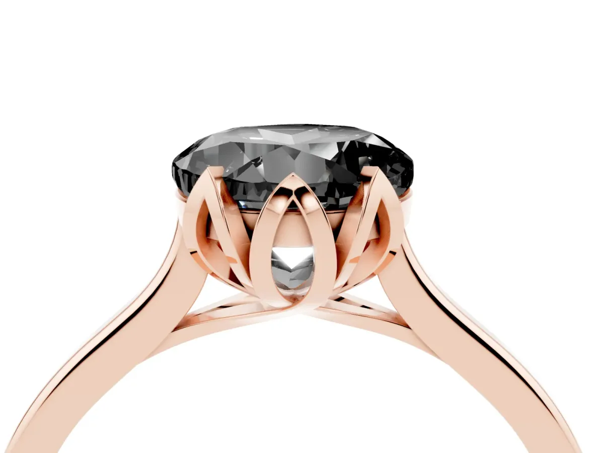 Fancy Black Round Cut Diamond Solitaire Ring with Flower Prong Setting and Classic Band Rose gold