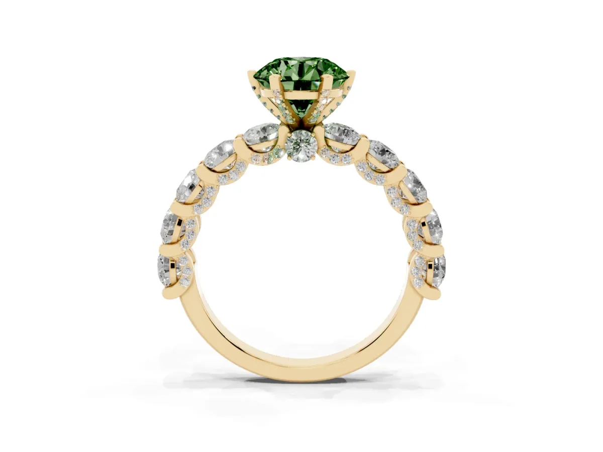 Fancy Green Round Cut Diamond Side Stone Engagement Ring with Four-Prong Setting Yellow gold