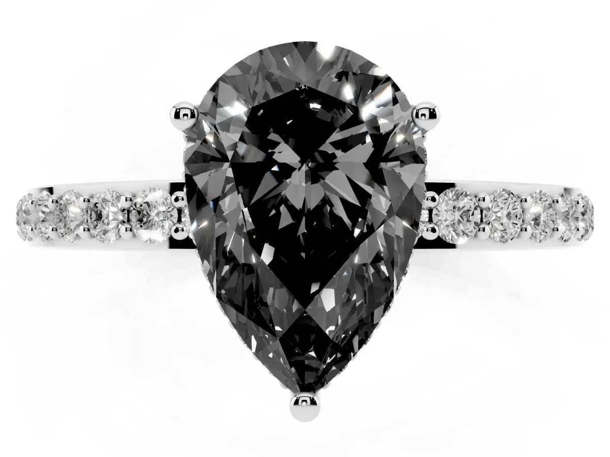 Fancy Black Pear Cut Diamond Solitaire Ring with Pavé Band and Hidden Halo Silver