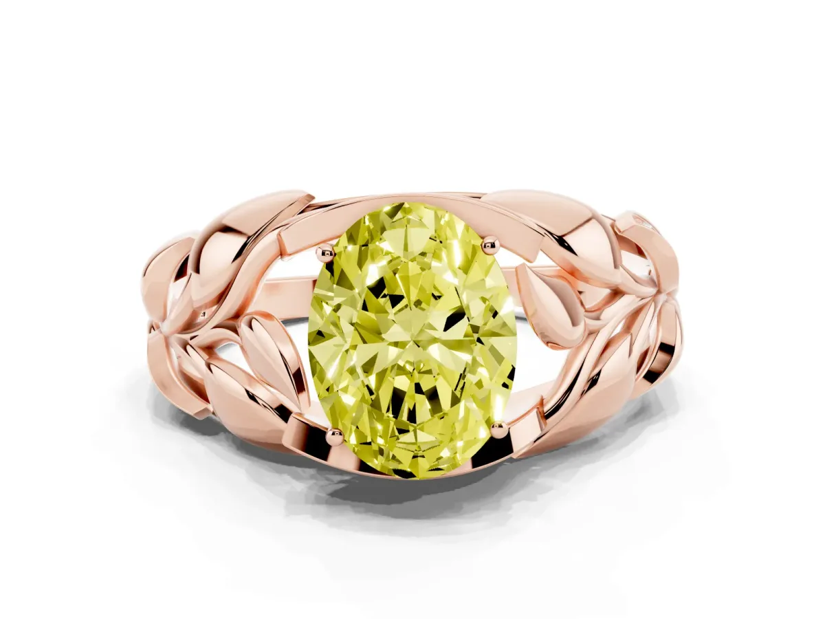 Fancy Yellow Oval Cut Diamond Leaf-Inspired Engagement Ring with Round Accents and Prong Setting Rose gold
