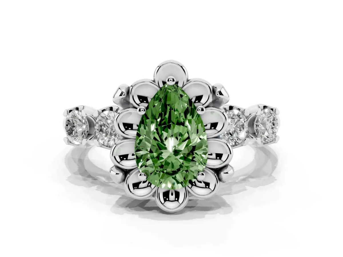 Fancy Green Pear Cut Cut Diamond Floral Halo Engagement Ring with Shared Prong Setting Silver
