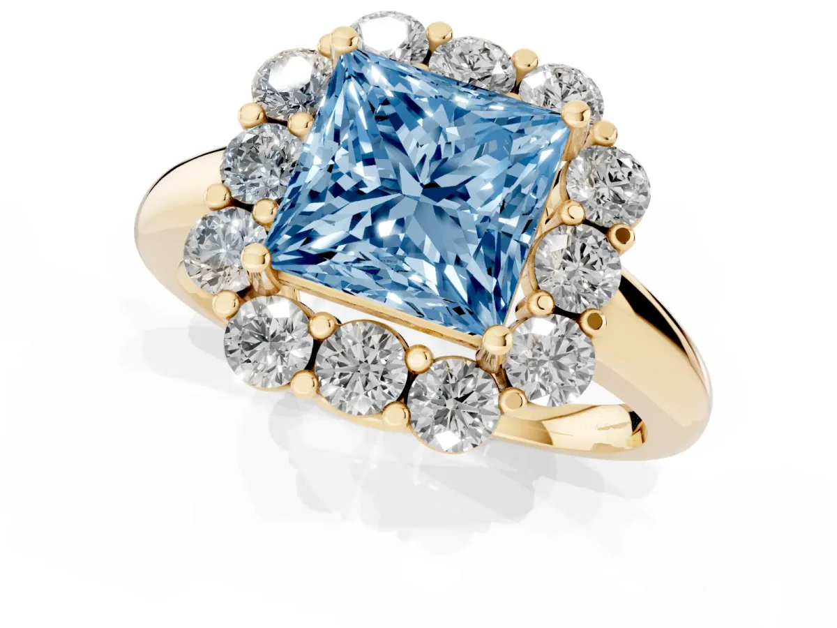 Fancy Blue Princess Cut Halo Milgrain Solitaire with Bezel Set Side Stones and Pave Band Yellow gold