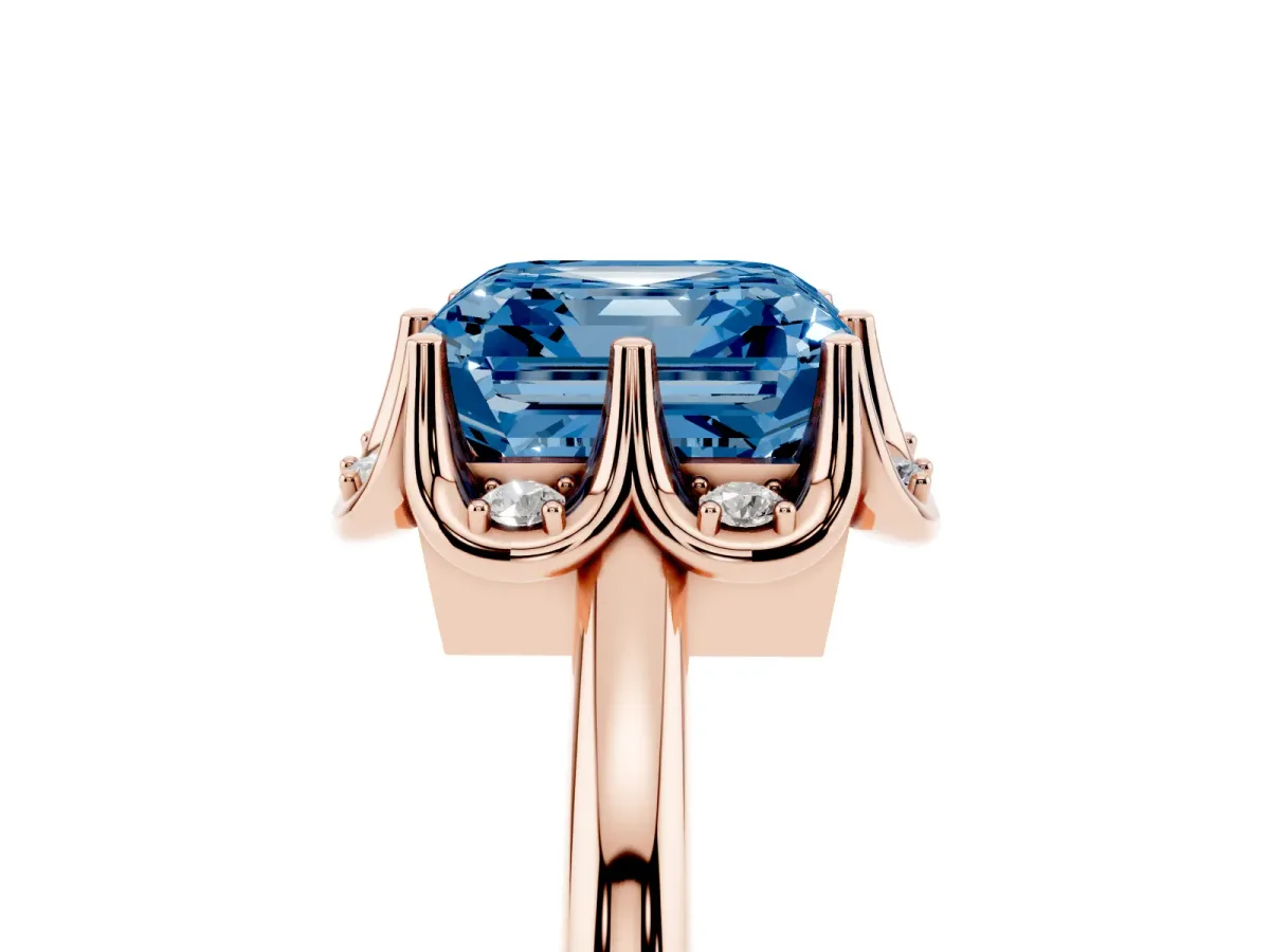 Fancy Blue Asscher Cut Halo Diamond Ring with Round Cluster Setting, Solitaire Band, and Four-Prong Setting Rose gold