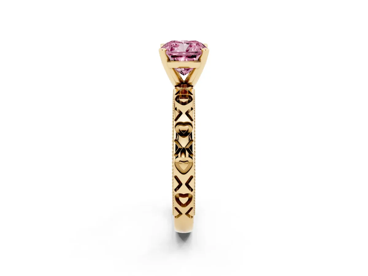 Fancy Pink Cushion Cut Solitaire Diamond Engagement Ring with XO Engraved Band and Four-Prong Setting Yellow gold