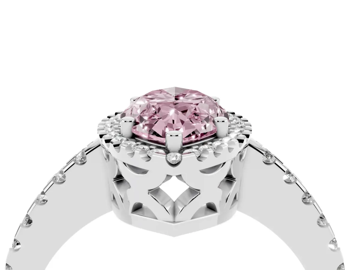 Fancy Pink Marquise Cut Diamond Halo Engagement Ring with Pavé Band and Prong Setting Platinum