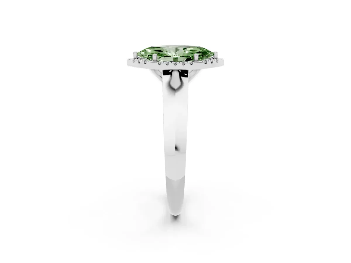 Fancy Green Marquise Cut Halo Diamond Ring with Cathedral Band and Four-Prong Setting Platinum