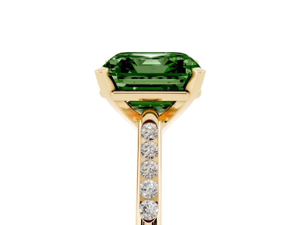 Fancy Green Asscher Cut Diamond Solitaire Ring with Channel Set Round Band and Prong Setting Yellow gold