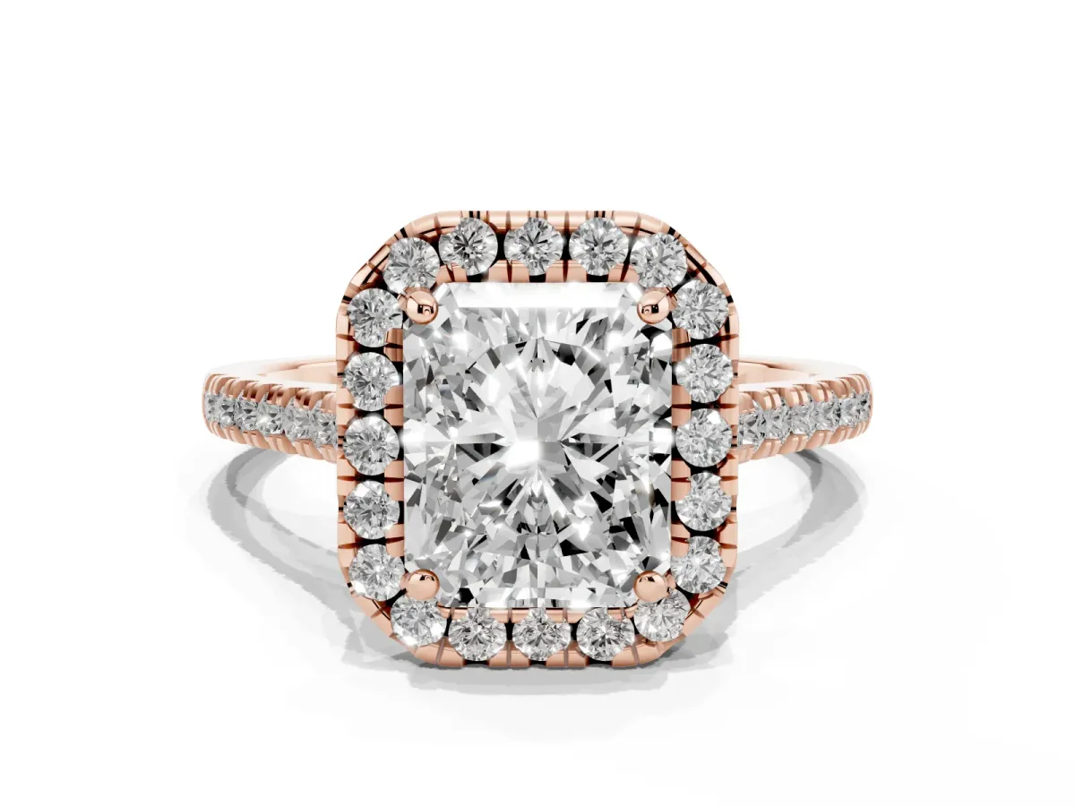 Radiant Cut Diamond Cushion Halo Ring with Pavé Band Rose gold