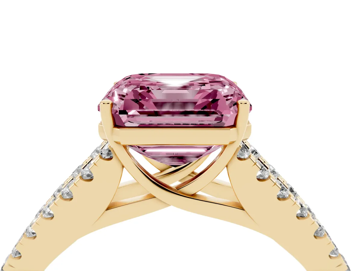 Fancy Pink Asscher Cut Diamond Split Shank Engagement Ring with Round Pavé and Prong Setting Yellow gold