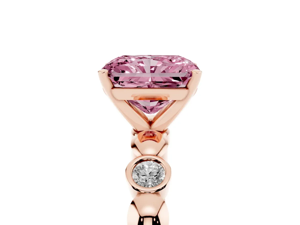 Fancy Pink Radiant Cut Solitaire Bezel-Set Diamond Ring with Beaded Band and Four-Prong Setting Rose gold