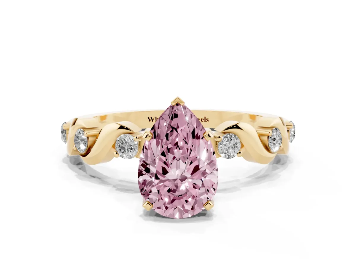 Fancy Pink Pear Cut Diamond Solitaire Twisted Band with Round Accents and Prong Setting Yellow gold