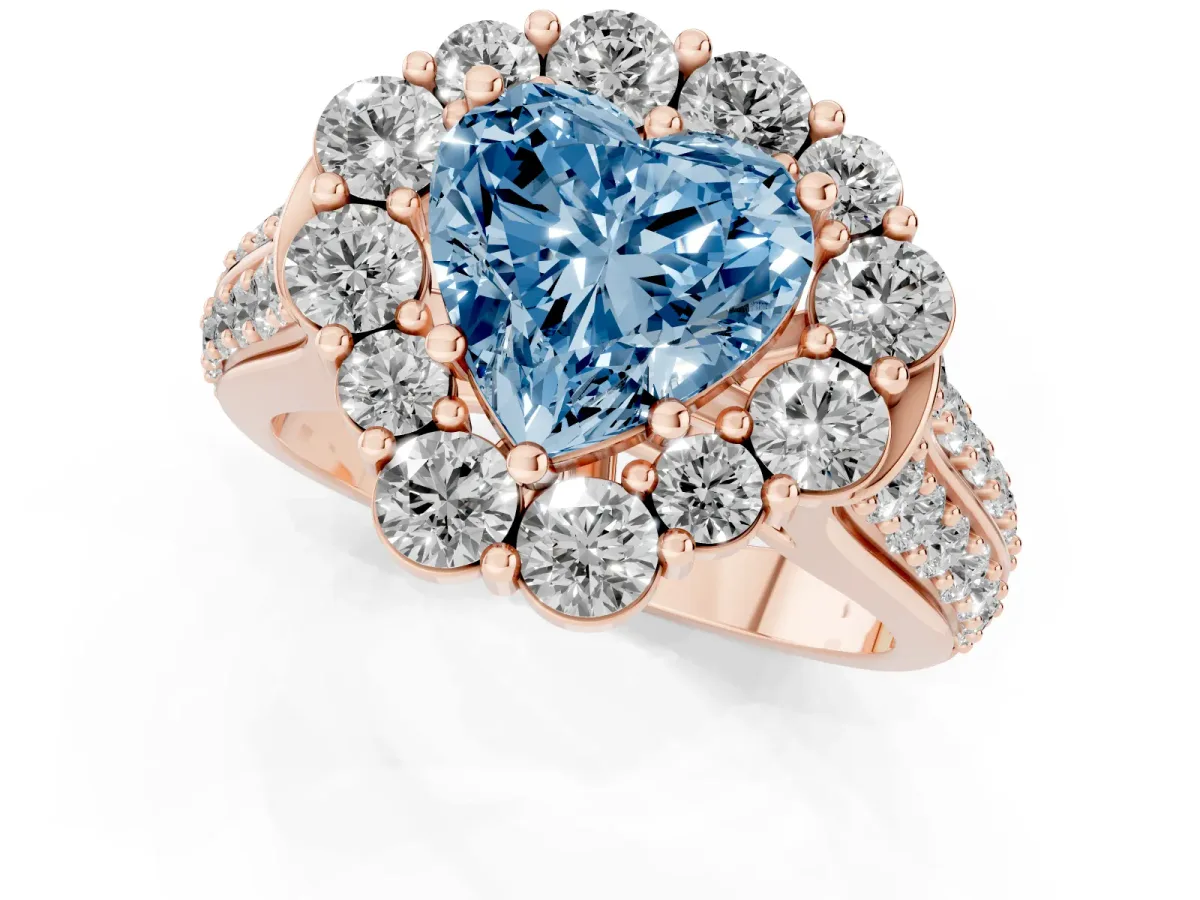 Fancy Blue Heart Cut Halo Diamond Engagement Ring with Split Shank and Prong Setting Rose gold