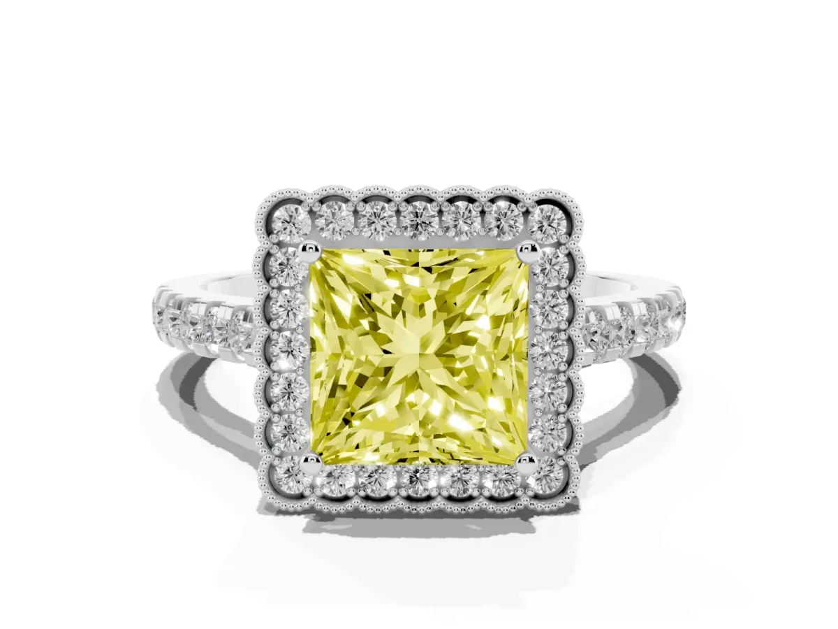 Fancy Yellow Princess Cut Cut Diamond Milgrain Floral Halo Engagement Ring with Pavé Band White gold