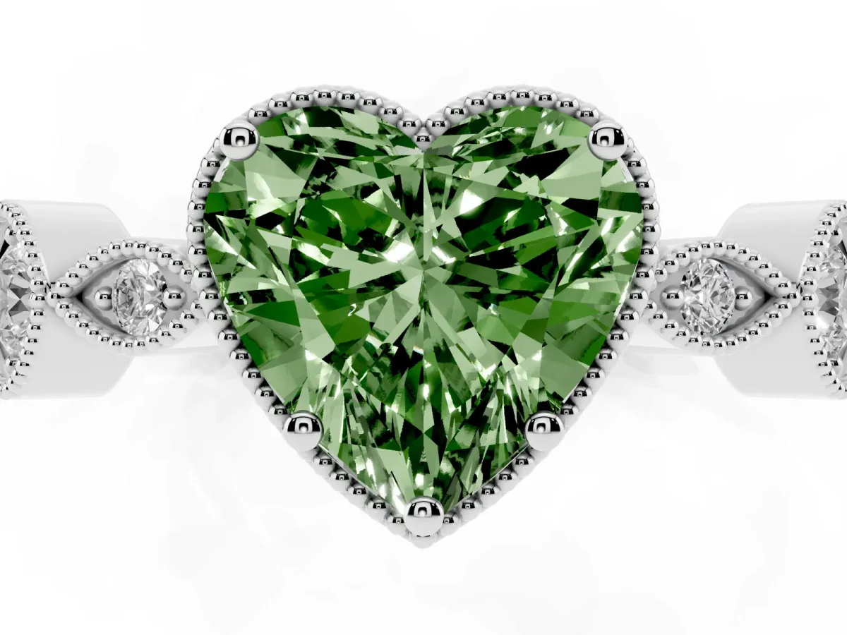 Fancy Green Heart Cut Diamond Vintage Milgrain Ring with Round Stations Silver